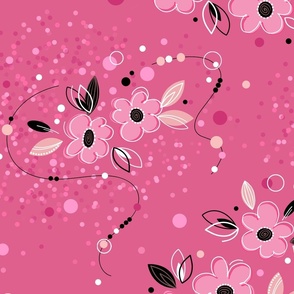 Pink Flowers, magenta, red, magenta flowers, cherry blossom, floral design, dress pattern, red flowers, large scale, blossom, sakura, sakura flowers, blooming flowers, confetti, beads, summer, beige, black.