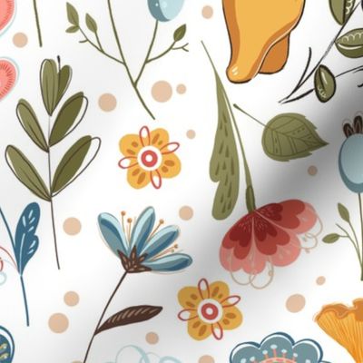 Summer walk. Ornament, folk pattern, flower pattern, plants, summer, Scandinavian pattern, cute animals, kid pattern, bears, floral, bright, flowers, butterflies