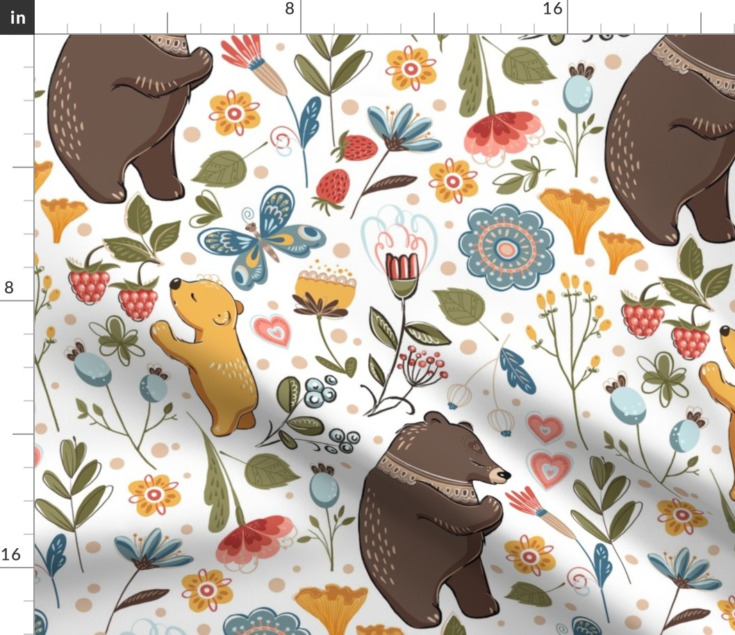 Summer walk. Ornament, folk pattern, flower pattern, plants, summer, Scandinavian pattern, cute animals, kid pattern, bears, floral, bright, flowers, butterflies