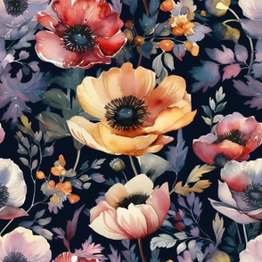 Watercolor flowers, floral, flowers on a black background, large flowers, poppies, anemones, red poppies, dark background, wild flowers, plants, nature design, blooming meadow, wildflowers