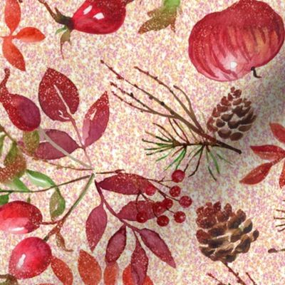 autumn watercolor, botanical watercolor, herbarium, autumn herbarium, red berries, glitter, golden glitter, golden autumn, watercolor leaves, autumn leaves, watercolor plants, hand painted fall plants. 