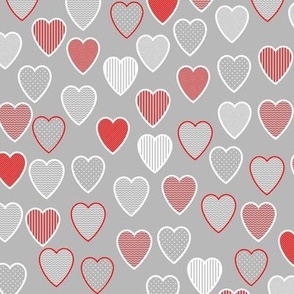 Heart pattern, red hearts, red and gray, simple design, simplicity pattern, romantic, white, patchwork pattern, heart, striped, polka dots, red and white, patchwork.
