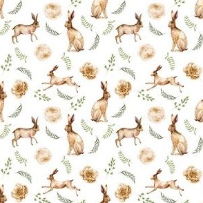 SMALL Hare floral - watercolor fabric, hare floral, hare fabric, watercolours - whtie
