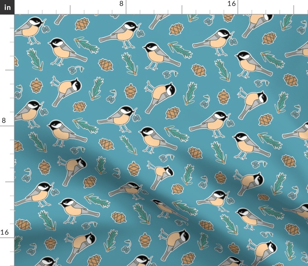 Tossed Forest Chickadee on Denim Blue