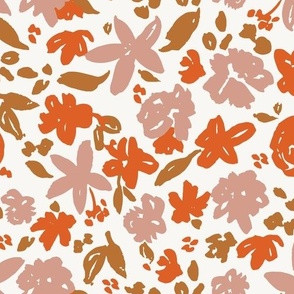 large hand drawn fall floral in brown, pink, orange and cream for girls dresses, baby and accessories