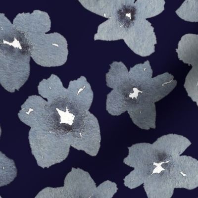 Large indigo blue flowers on a midnight base with oversized flowers for floral wallpaper, bedding 