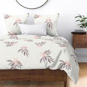 linen texture watercolor floral with leaves in pink and warm gray on cream. Large scale for bed linen and wallpaper