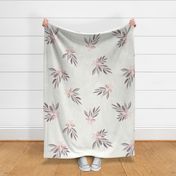 linen texture watercolor floral with leaves in pink and warm gray on cream. Large scale for bed linen and wallpaper