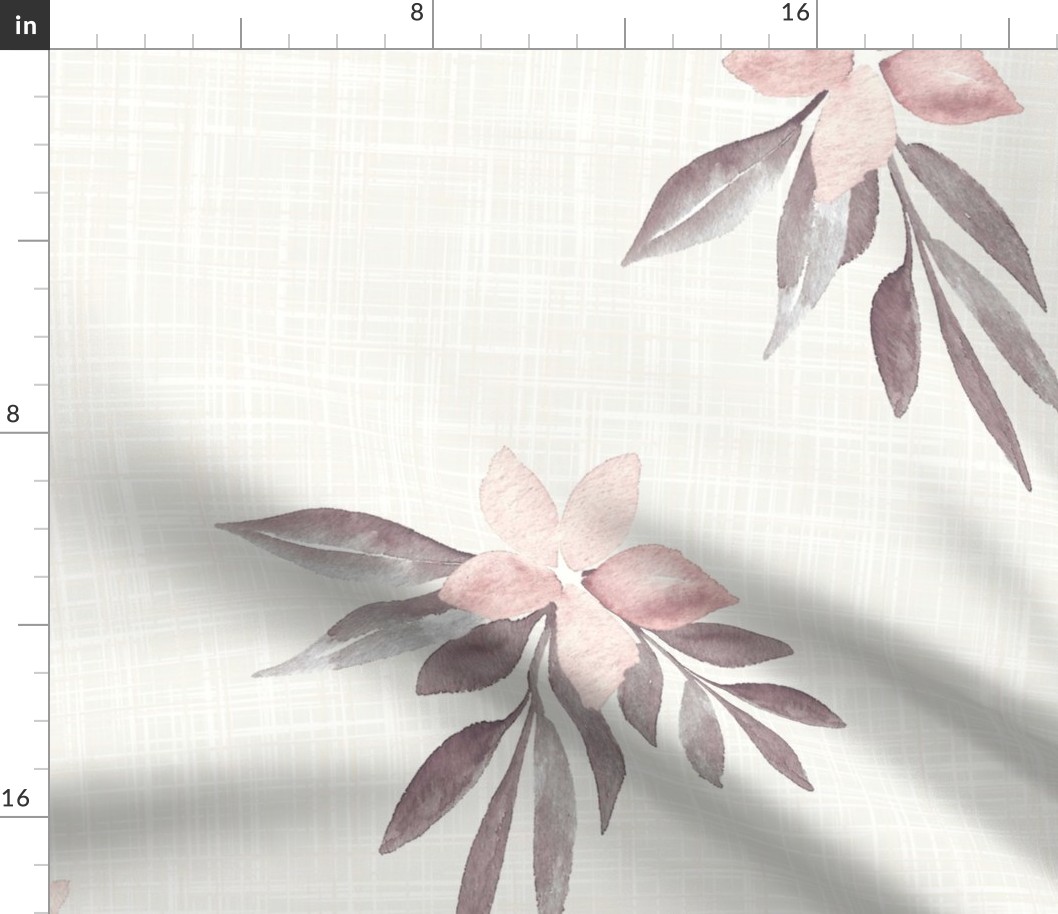 linen texture watercolor floral with leaves in pink and warm gray on cream. Large scale for bed linen and wallpaper