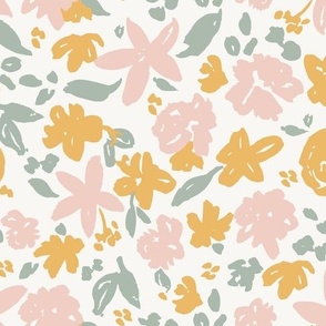 pastel spring floral in pink, sage green and yellow / medium / whimsical floral sketch
