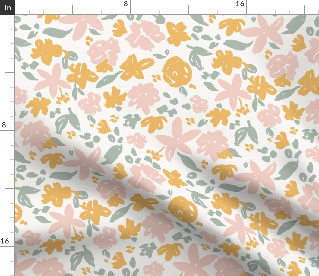 pastel spring floral in pink, sage green and yellow / medium / whimsical floral sketch