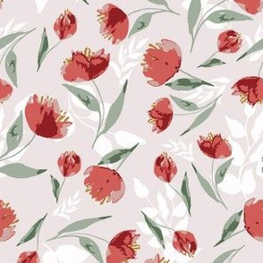 red and sage green christmas floral featuring peonies and leaves for table linen and doll house wallpaper