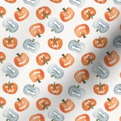 Watercolour jack o lantern in orange and blue on white for halloween, cute pumpkins for Fall holidays