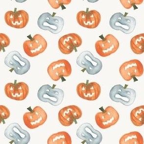 3" Watercolour jack o lantern in orange and blue on white for halloween, cute pumpkins for Fall holidays