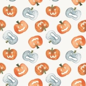 Watercolour jack o lantern in orange and blue on white for halloween, cute pumpkins for Fall holidays