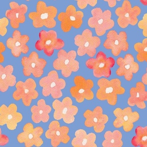 Cute pink and orange watercolor daisies on blue for kids bedding and girls dresses - medium