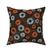 Retro Moody Blue and Orange Circle Flowers on Brown