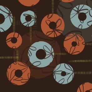 (M) Retro Moody Blue and Orange Circle Flowers on Brown