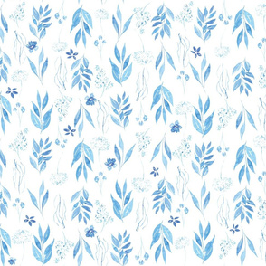 blue and white watercolor leaves in a stripe for bed linen and wallpaper, coastal grandmother