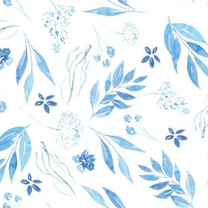 blue and white watercolor leaves tossed for bed linen and wallpaper, coastal grandmother
