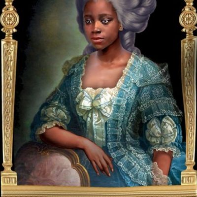2 baroque gold young beautiful black woman lady african descent POC princess marie antoinette inspired blue lace gown bows people of color WOC cupid angels floral leaves leaf crowns tiara portrait Bouffant pouf rococo  elegant gothic lolita egl 18th  cent