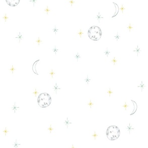 watercolor moon and stars on white for baby boy swaddles, kids wear and pyjamas