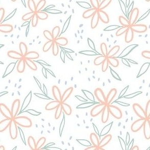 whimsical hand drawn pink florals with green leaves and blue speckle for baby girl