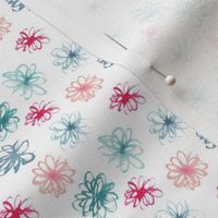 Small scribbly flowers in pink, peach, teal and blue watercolor for kids and baby blender print