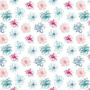 Small scribbly flowers in pink, peach, teal and blue watercolor for kids and baby blender print