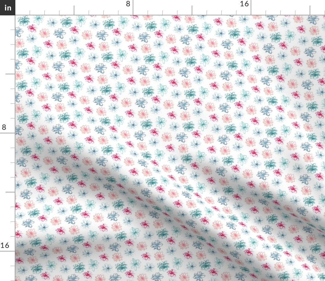 Small scribbly flowers in pink, peach, teal and blue watercolor for kids and baby blender print