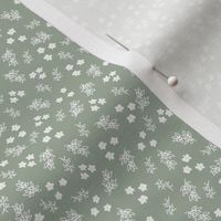 Dainty floral white on sage green ditsy,  cute floral, scattered, small, tiny, ditsy, green, Christmas, holiday, winter, autumn, fall, Christmas floral, Christmas dress