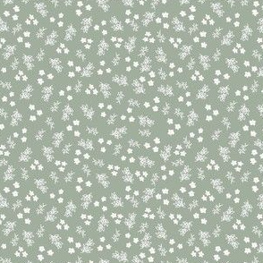 Dainty floral white on sage green ditsy,  cute floral, scattered, small, tiny, ditsy, green, Christmas, holiday, winter, autumn, fall, Christmas floral, Christmas dress
