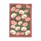 315 - Wildrose bouquet tea towel, terracotta border: Down by the River - kitchen linen and wall hanging, country, floral, kitchen, hostess gift, rose pink and dark green 