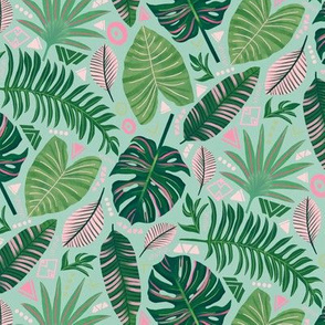 Aztec Jungle Leaves on Mint Green - Small