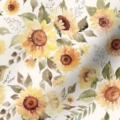 Sunflower Floral / Bone - Fall, Autumn, Sunflowers, Botanical, Earthy, Watercolor Floral