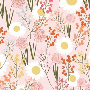 Daffodils + Daisies Pink Background