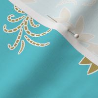 Swedish Love Birds-Gold-White on Aqua 