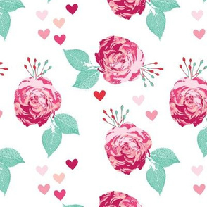 Valentines Floral + Hearts on White Background