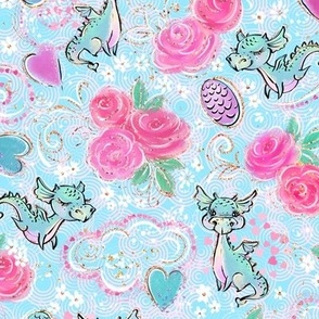 Flower dragon, azure little dragon, hearts, childrens room, light blue, for kids, pink roses, flower pattern, rose flowers, dragons, fantasy, dragon eggs, pink blue