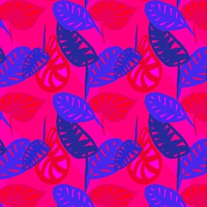 Painted Tropical Leaves In Fuchsia and Cobalt 