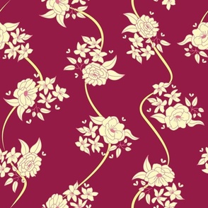 Romantic ivory, pink & yellow roses, blossoms, butterflies & ribbons multi direction floral pattern on a dark crimson background