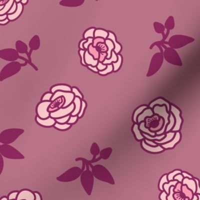 Pink camellias with silhouette buds and leaves floral pattern on a dark pink background