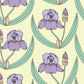 Purple and green irises and stripes floral pattern on a pale yellow background