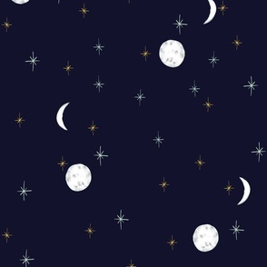 Moon and stars Navy watercolour night sky gender neutral, celestial, dark sky, full moon, crescent moon, star, ceiling wallpaper, bed linen, kids room, pyjamas