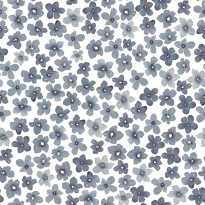 Medium Indigo blue watercolour flowers on light white for girls dresses, accessories, kids and pets