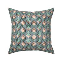 Art Deco inspired pastel squares geometric pattern on a green background 