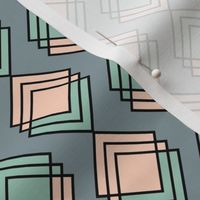 Art Deco inspired pastel squares geometric pattern on a green background 