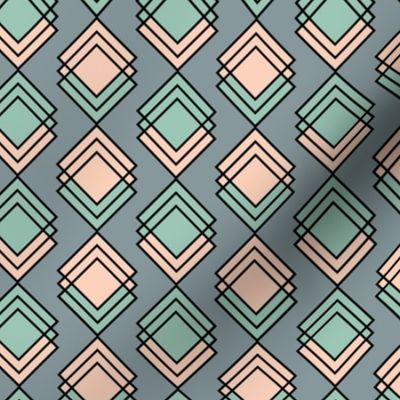 Art Deco inspired pastel squares geometric pattern on a green background 