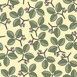 Leaves and berries nature themed pattern on a pale yellow background