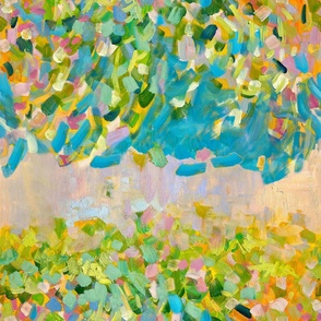 Sunrise on a Misty Morning, Pastel Pink Green Abstract